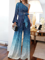 Women's Sets One-Shoulder Lace-Up Top & Wide Leg Pants Shiny Two-Piece Set