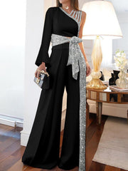 Women's Sets One-Shoulder Lace-Up Top & Wide Leg Pants Shiny Two-Piece Set