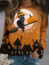 Women's T-Shirts Cat Pumpkin Round Neck Long Sleeve Halloween T-Shirts