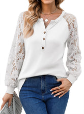 Women's T-Shirts Long Sleeve Lace V Neck Button Loose T-Shirt