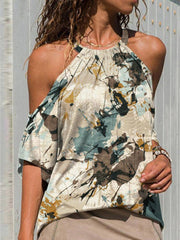 Women's T-Shirts Printed Halter Off-Shoulder Short Sleeve T-Shirt