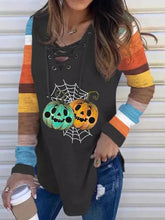 Women's T-Shirts Pumpkin Striped V-Neck Tie Long Sleeve Halloween T-Shirts