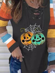 Women's T-Shirts Pumpkin Striped V-Neck Tie Long Sleeve Halloween T-Shirts