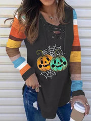 Women's T-Shirts Pumpkin Striped V-Neck Tie Long Sleeve Halloween T-Shirts