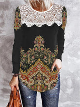 Women's T-Shirts Vintage Print Lace Panel Long Sleeve T-Shirt