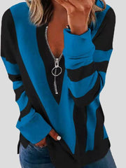 Women's T-Shirts Zipper V-Neck Striped Printed Long Sleeve T-Shirt