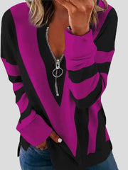 Women's T-Shirts Zipper V-Neck Striped Printed Long Sleeve T-Shirt