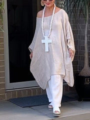 Off White Crew Neck Casual Solid Cotton-Blend Loose Shift Dresses