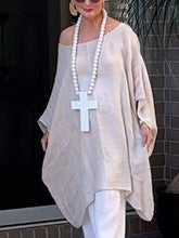 Off White Crew Neck Casual Solid Cotton-Blend Loose Shift Dresses