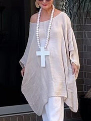 Off White Crew Neck Casual Solid Cotton-Blend Loose Shift Dresses