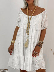 White Cotton-Blend Short Sleeve Casual Floral Shift Dresses
