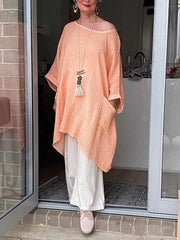 Off White Crew Neck Casual Solid Cotton-Blend Loose Shift Dresses