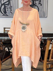 Off White Crew Neck Casual Solid Cotton-Blend Loose Shift Dresses