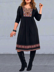 Black Crew Neck Casual Tribal Printed Dresses