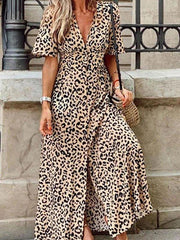 Khaki Short Sleeve V Neck Vintage Dresses
