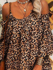 Khaki Leopard Print Casual Sleeveless Shift Dresses