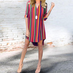 V Neck  Stripes Half Sleeve Vacation Casual Dresses