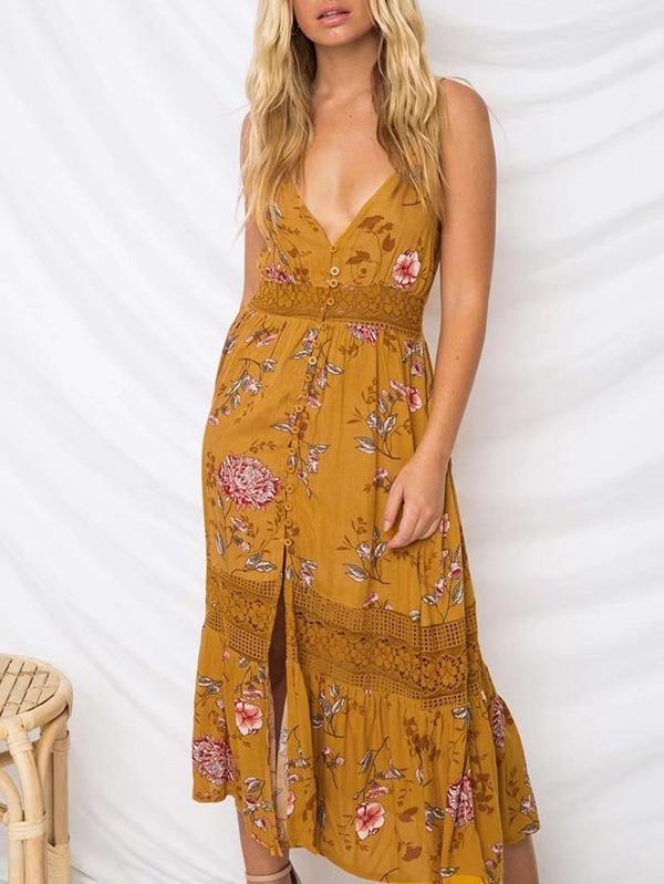 Floral Lace Split Hollow Bohemia Midi Dress