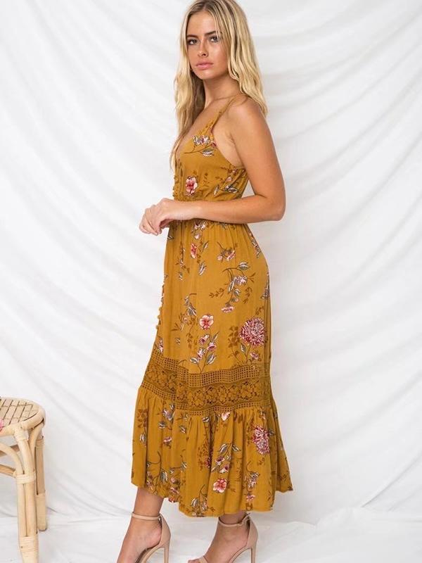 Floral Lace Split Hollow Bohemia Midi Dress