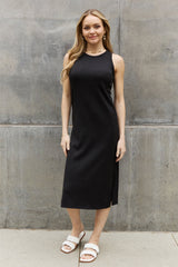 BOMBOM Ribbed Knit Sleeveless Midi Dress in Black