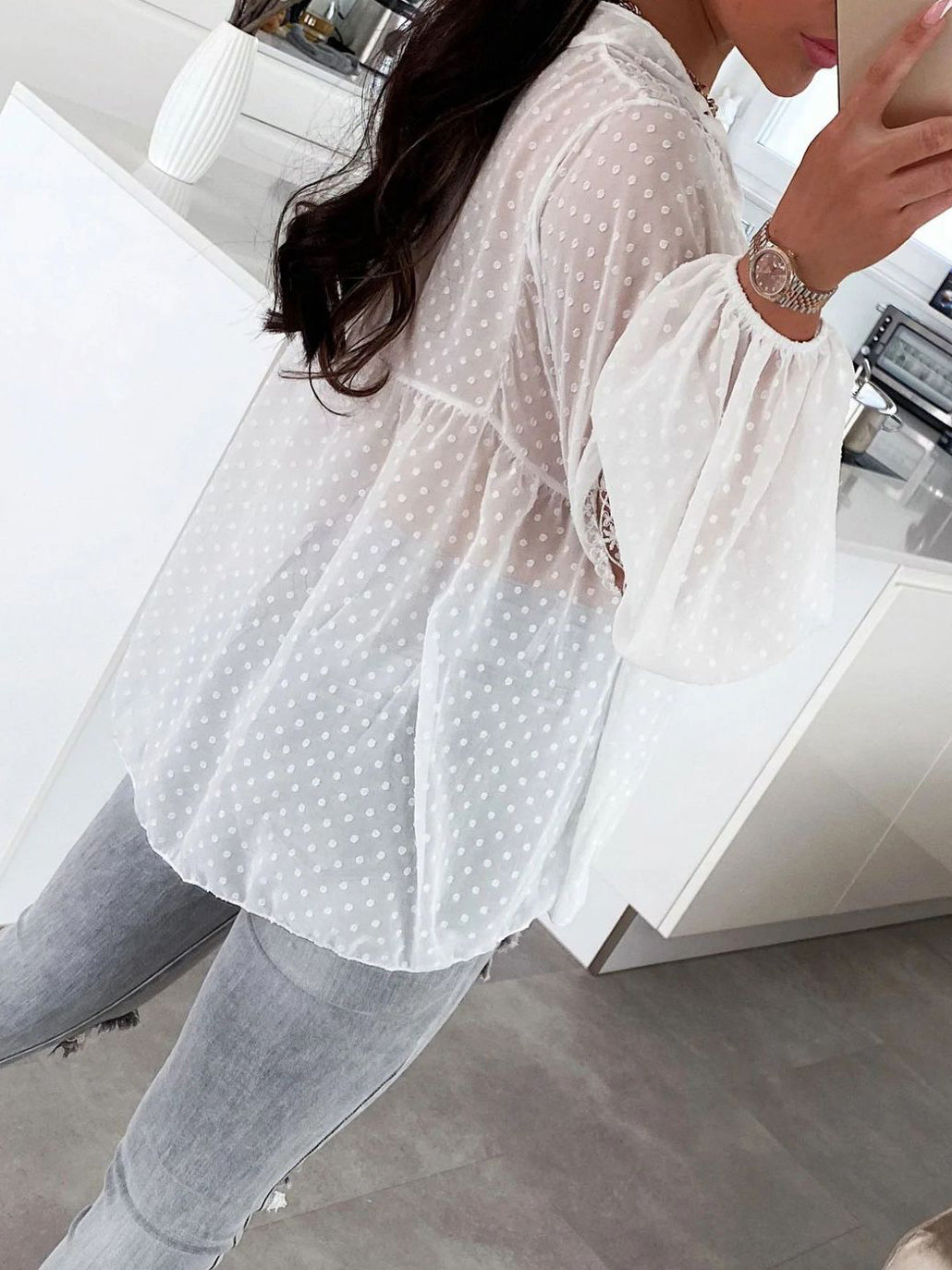 Blouses Lace Panel Balloon Sleeve Chiffon Blouse for Women