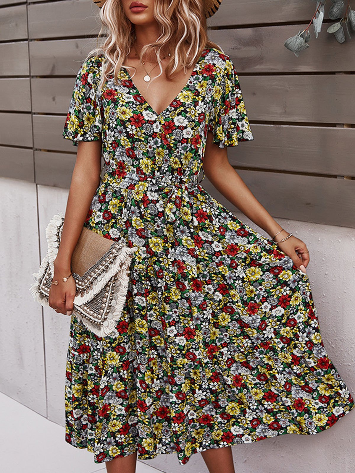 Holiday Floral Short Sleeve Dress