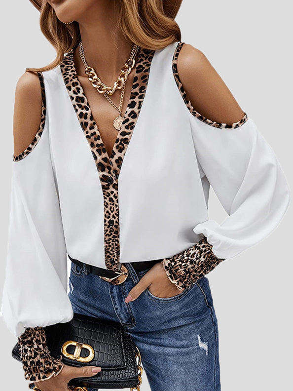 Blouses Leopard Panel Button Off-Shoulder Long Sleeve Blouse for Women