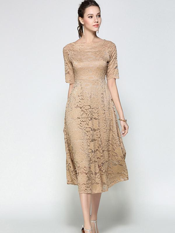 In Stock Solid Color Lace Hollow Off-Shoulder Short Sleeves Midi Dress