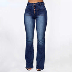 High Waist Elastic Jeans Button Washed Denim Pants Femme Pocke