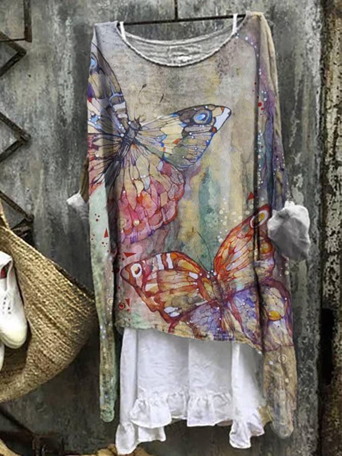 Khaki Long Sleeve Shift Cotton-Blend Floral Tops