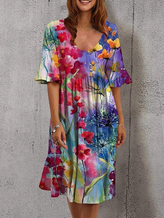 Flower Floral Short Sleeve Crew Neck Midi Dresses