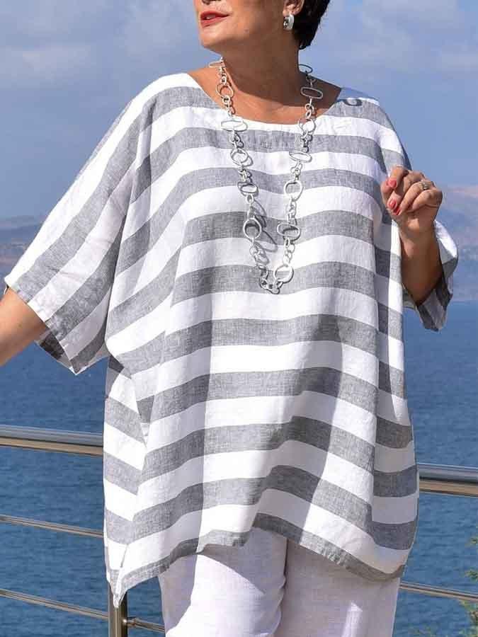 Gray Crew Neck Linen Short Sleeve Striped Shirts & Tops