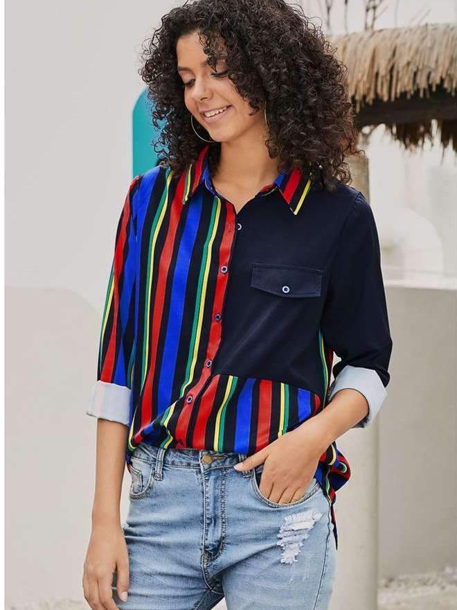 Stripe Lapel Long sleeve Plus Blouses