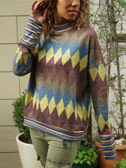 Geometry Color Block High Collar Long Sleeves Round Collar T Shirt