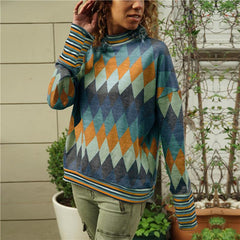 Geometry Color Block High Collar Long Sleeves Round Collar T Shirt