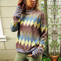 Geometry Color Block High Collar Long Sleeves Round Collar T Shirt