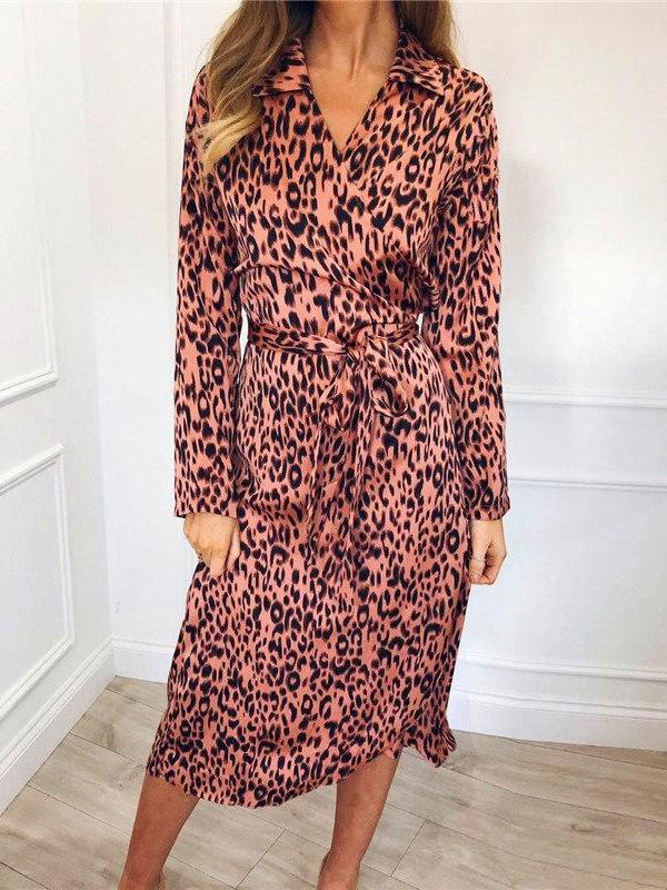 Stylish Lapel Long Sleeved Print Dress