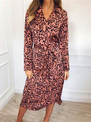 Stylish Lapel Long Sleeved Print Dress