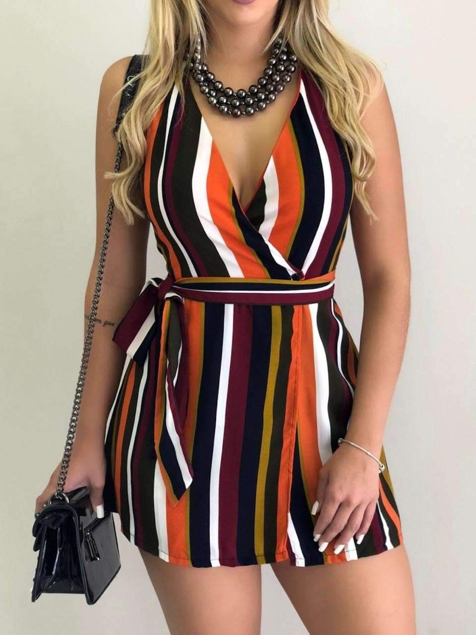 Fashion Stripe Sleeveless V neck Lacing Skater Dresses