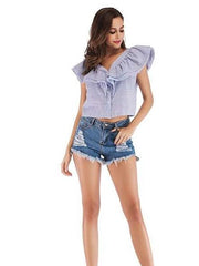 Fashion Stripe  Falbala Sleeveless Blouses