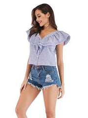 Fashion Stripe  Falbala Sleeveless Blouses