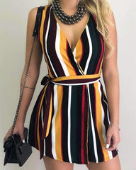 Fashion Stripe Sleeveless V neck Lacing Skater Dresses