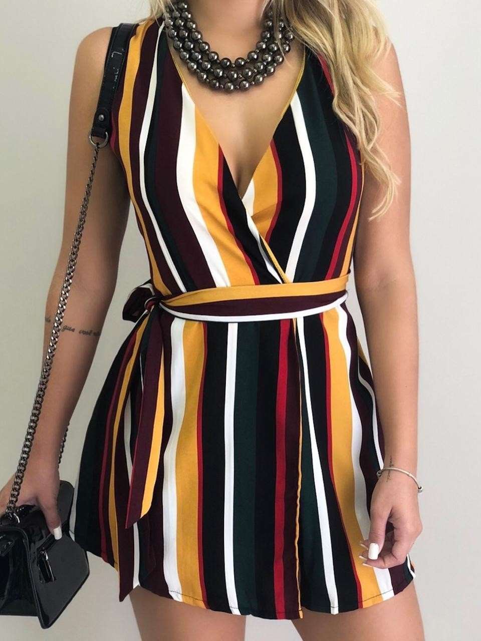 Fashion Stripe Sleeveless V neck Lacing Skater Dresses