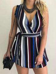 Fashion Stripe Sleeveless V neck Lacing Skater Dresses