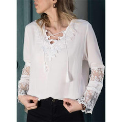 Lace V neck Mandarin sleeve T-Shirts