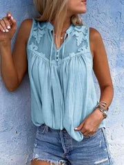 Lace V neck Sleeveless  Chiffon Blouses