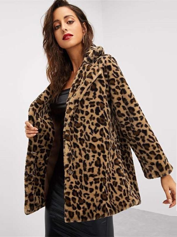 Leopard print Plush Lapel Long sleeve Coats