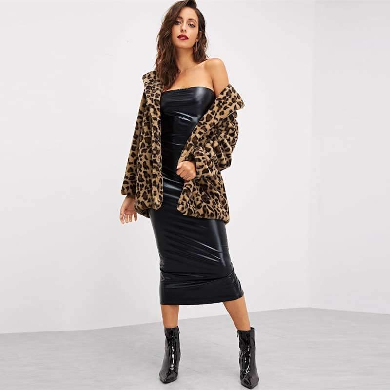 Leopard print Plush Lapel Long sleeve Coats