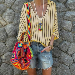 Fashion Stripe V neck Loose T-Shirts