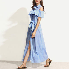Fashion Stripe Falbala Lacing Maxi Skater Dresses